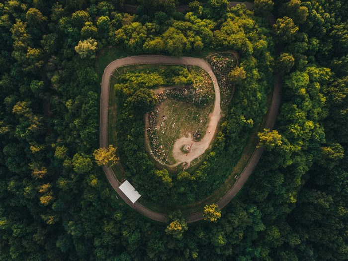 Aerial view of Birkenkopf hill with a road and forest