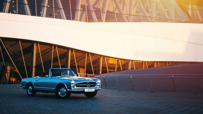 Silver Mercedes-Benz 280 SL convertible in Stuttgart