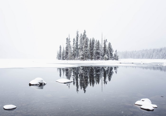 Snowy island with pine trees reflected in a calm lake