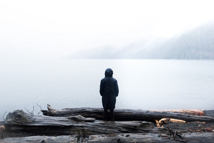 Person in parka standing by a foggy lake with driftwood