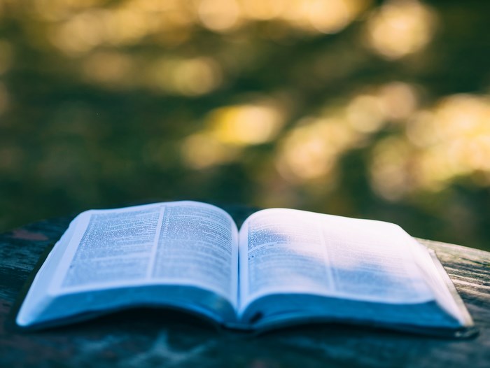 Open Bible on a wooden table outdoors