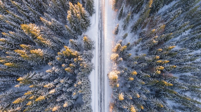 Aerial view of a snow-covered forest road
