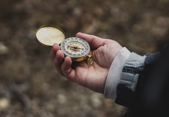 Hand holding a golden compass in the forest