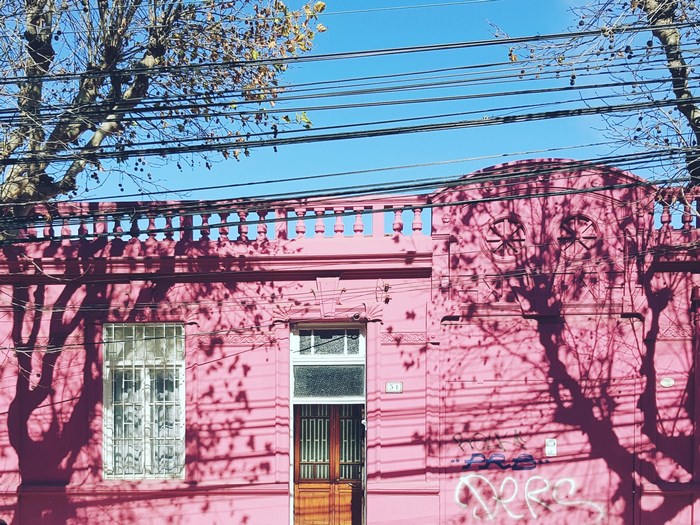 Pink house facade with tree shadows and power lines