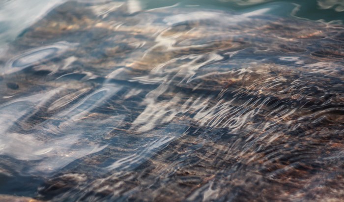 Water flowing over rocks and wood