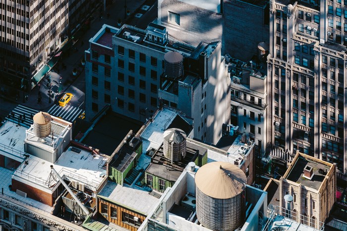 Aerial view of New York City rooftops and streets