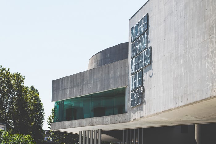 MAXXI Museum facade with neon sign in Rome