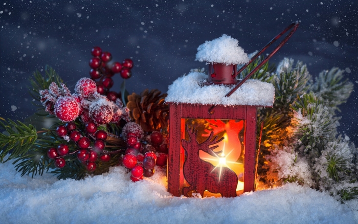 Christmas lantern with berries and pine branches in snow