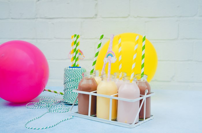Milk Bottles with Straws and Balloons