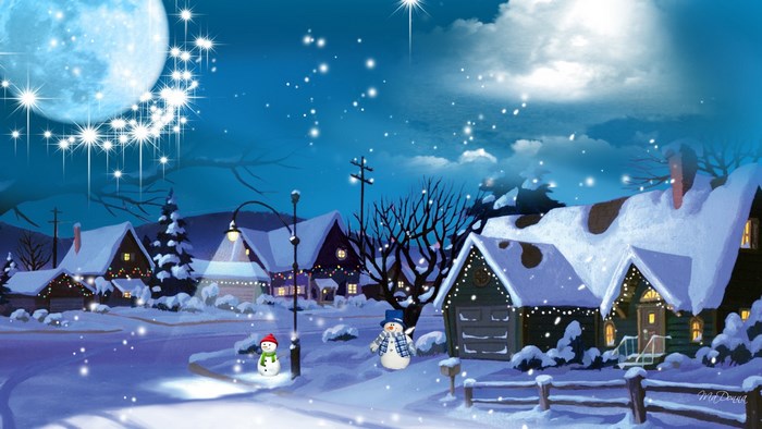 Christmas village scene with snow and moon
