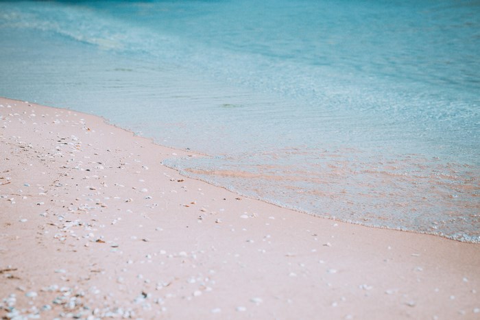 Gentle waves lap a sandy beach with scattered shells.