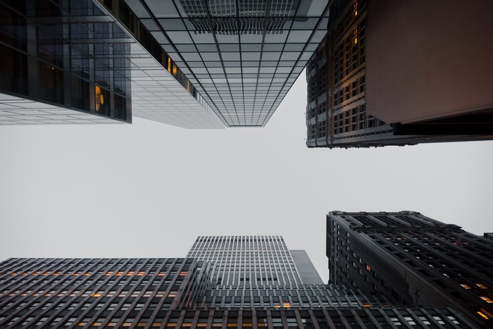 Looking up at skyscrapers in New York City