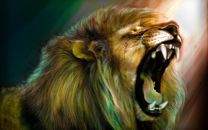 Close-up of a roaring lion with colorful mane