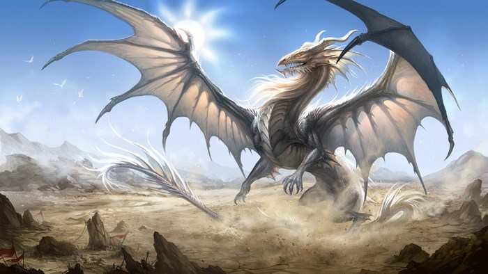 Dragon in a desert landscape with mountains