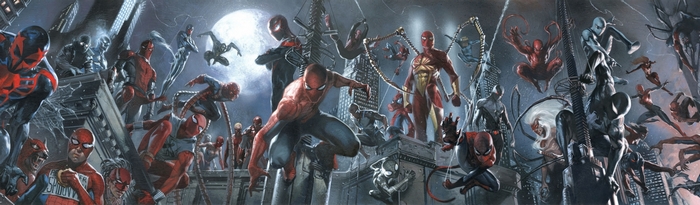 Spider-Man and other Spider-People in a Cityscape