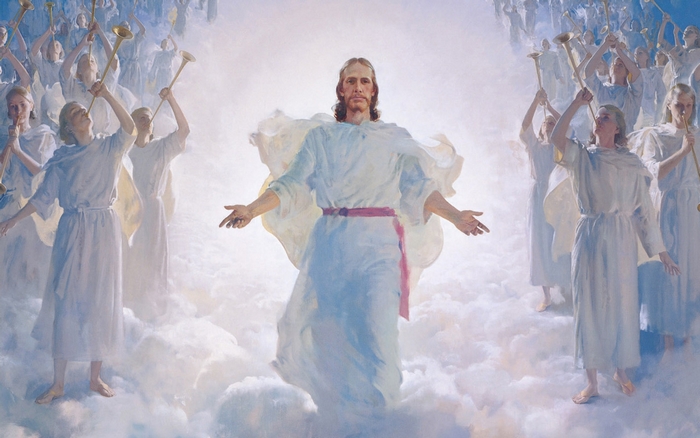 Jesus Christ with angels blowing trumpets
