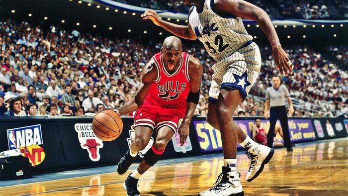 Michael Jordan and Shaquille O'Neal playing basketball