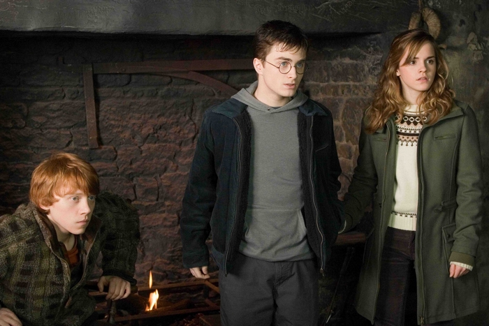 Harry Potter with Ron and Hermione by the Fireplace