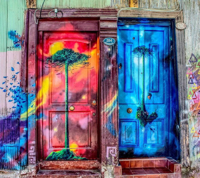 Painted Doors with Trees in Valparaiso, Chile