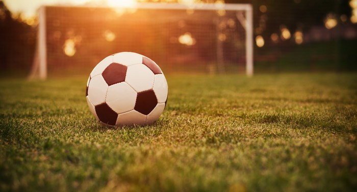 Soccer ball on grass with goal in background