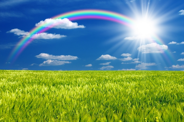 Rainbow over a green field with sun and clouds