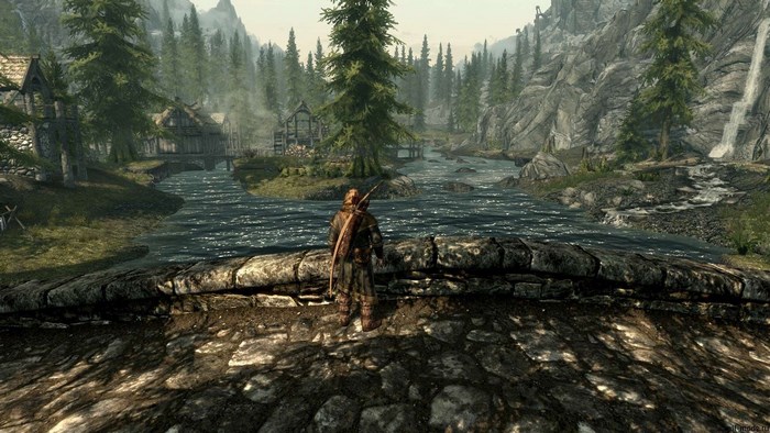 The Elder Scrolls V: Skyrim landscape with a character