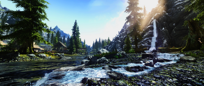 Skyrim landscape with river and waterfall
