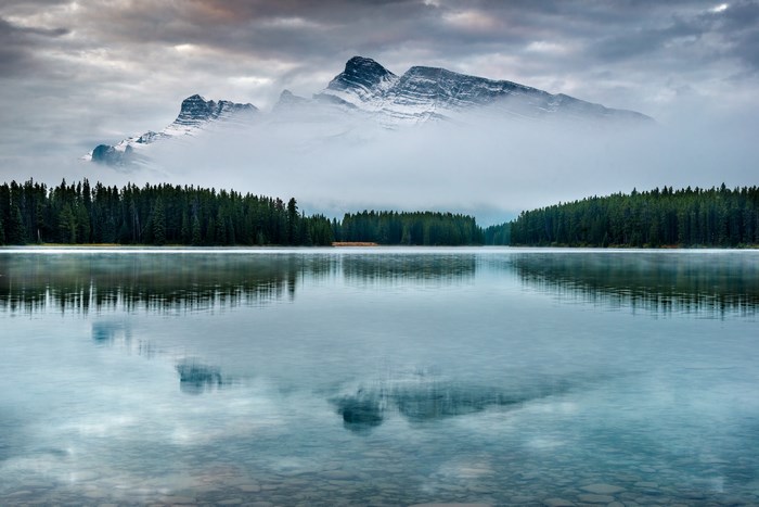 Misty Mountain Reflection on Lake Minnewanka