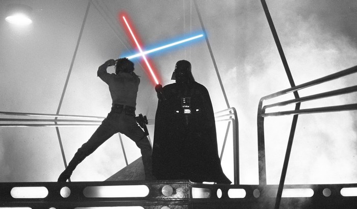 Darth Vader and Luke Skywalker duel with lightsabers