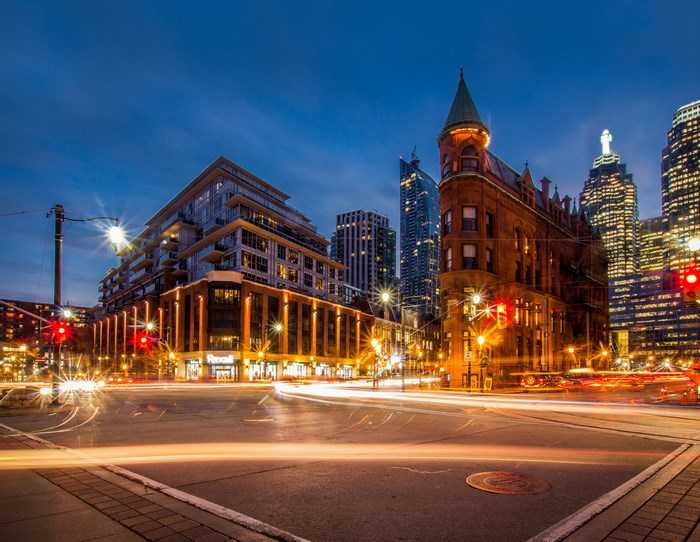 Toronto Flatiron Building at Dusk with Light Trails