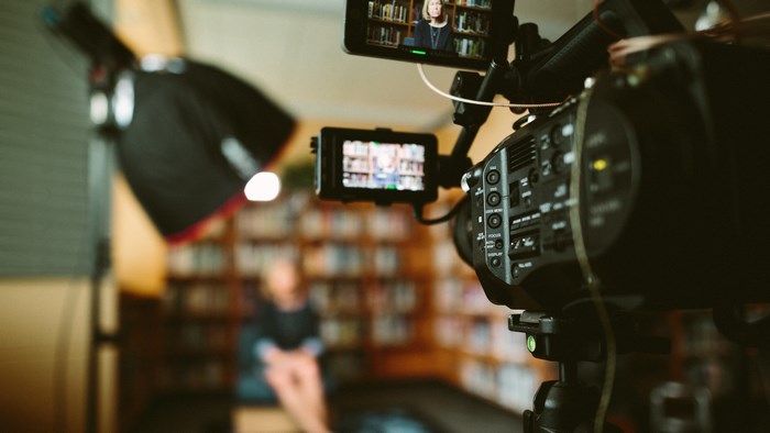 Sony FS7 camera filming an interview in a library