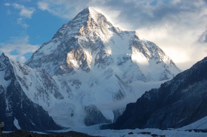 K2 Mountain covered in snow under a cloudy sky