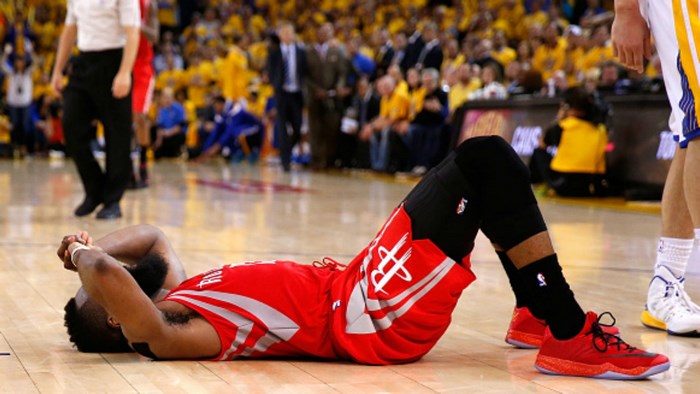 James Harden of the Houston Rockets on the floor