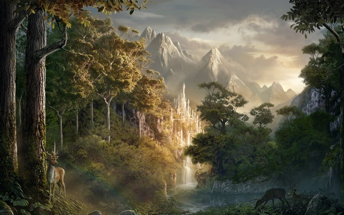 Fantasy castle in a forest with mountains and deer