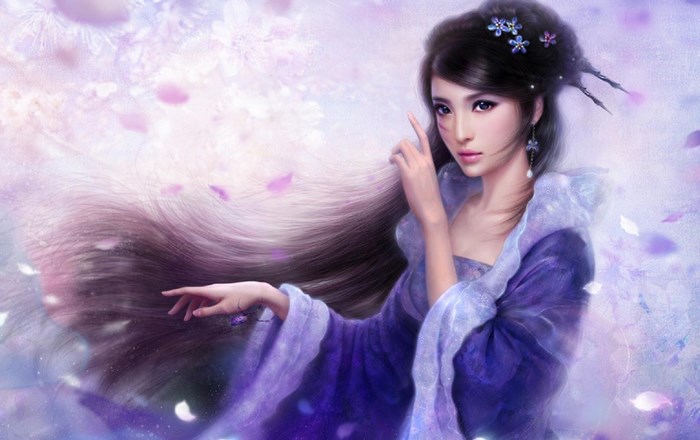 Fantasy woman with long hair and purple dress