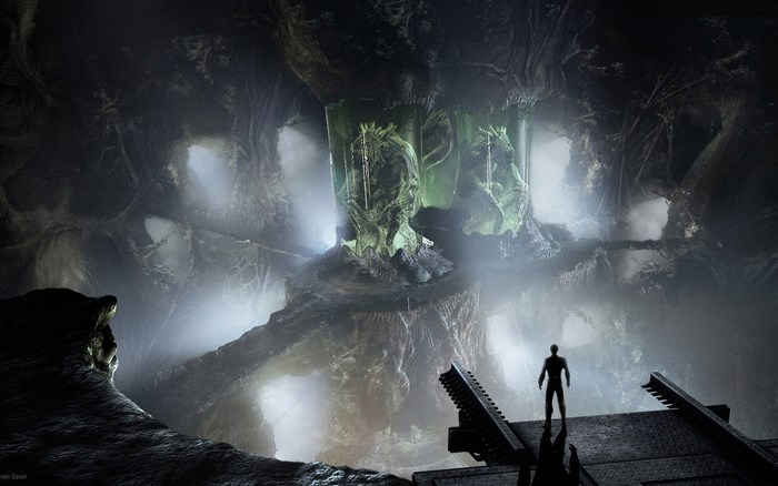 Alien eggs in a dark, misty cave with a person observing