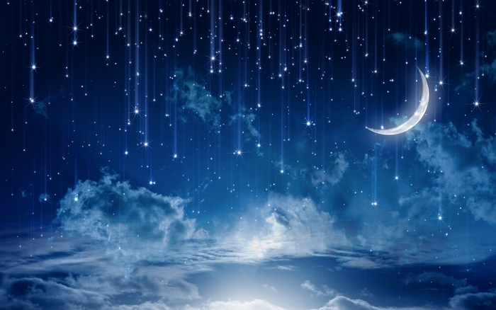 Fantasy night sky with moon and shooting stars