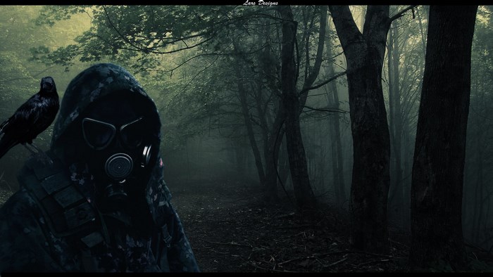 Person in gas mask and raven in dark forest