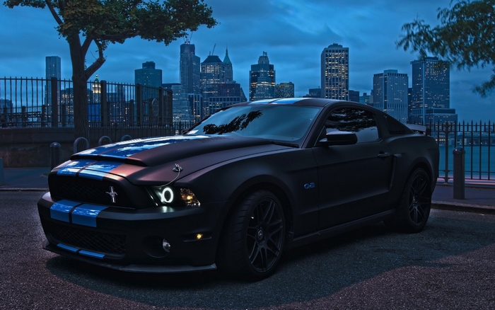 Matte black Ford Mustang with blue stripes