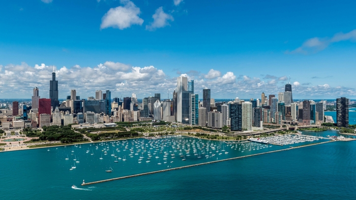 Chicago skyline with boats on Lake Michigan