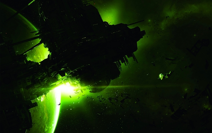Alien space station near a green planet