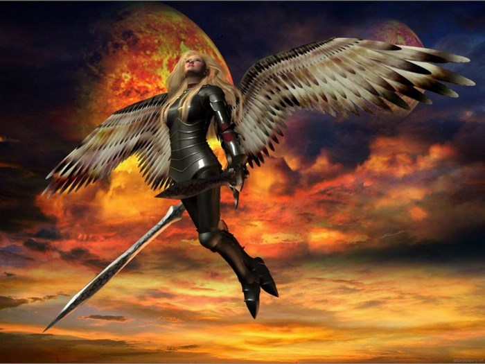 Angel with sword flying in front of planets