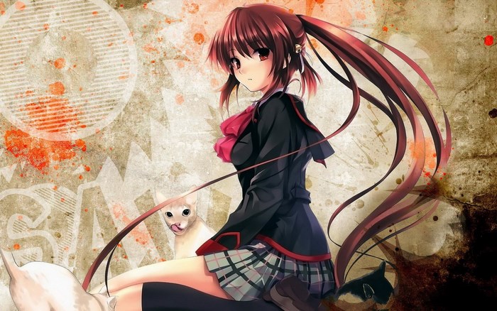 Anime girl with pigtails and cats