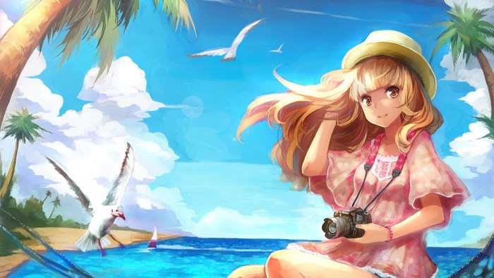 Anime girl with camera on a tropical beach