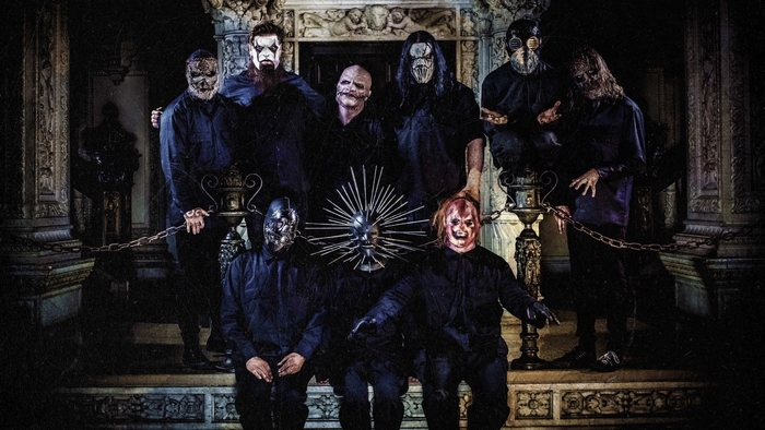 Slipknot band members in masks and dark clothing