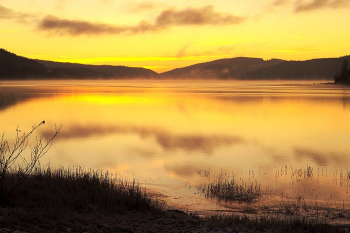 Yellow sunrise over a misty lake with reflections