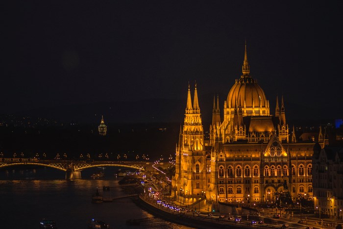 Budapest Parliament Building and Bridge at Night