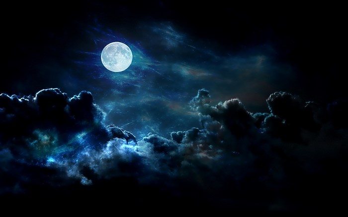 Mystical Night Sky with Full Moon and Clouds