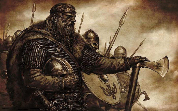 Vikings warriors with axes and shields