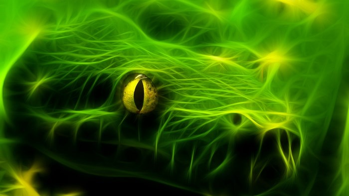 Green snake with glowing patterns and yellow eye